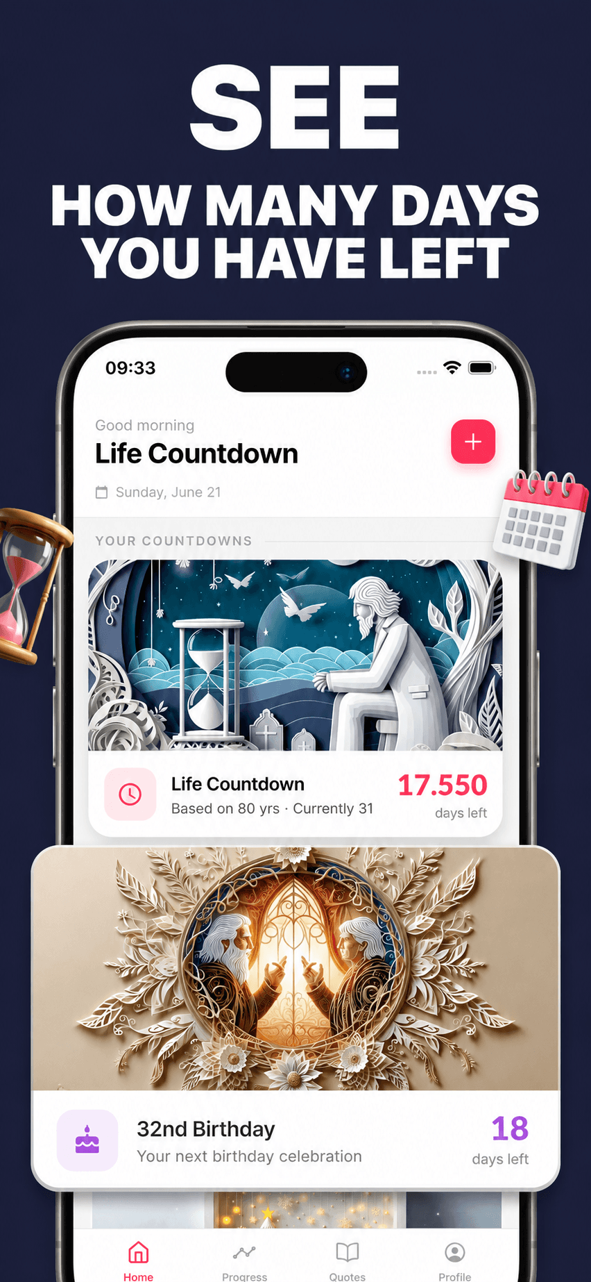 Life Countdown app showing life progress ring and percentage lived